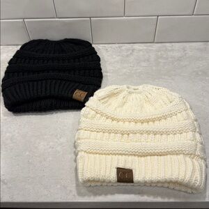 Set of 2 C.C Messy Bun / Ponytail Beanies - Black & Cream Neutral Bundle